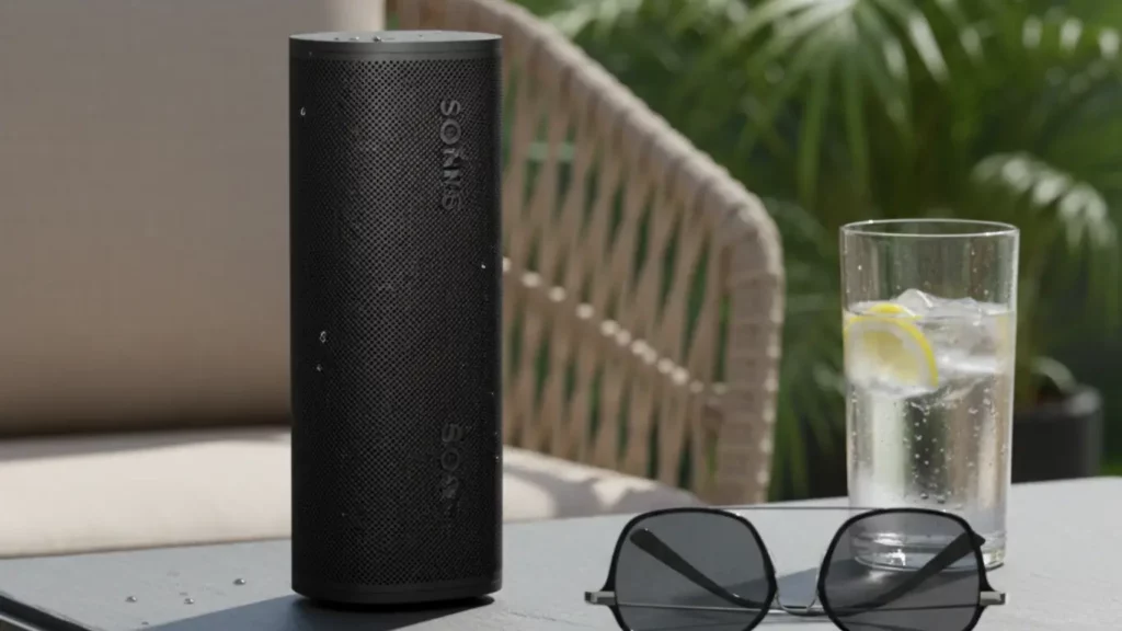 The Sonos Roam 2 portable speaker in black, shown standing on a sunny patio table, highlighting its waterproof and rugged design as a versatile tech gift.