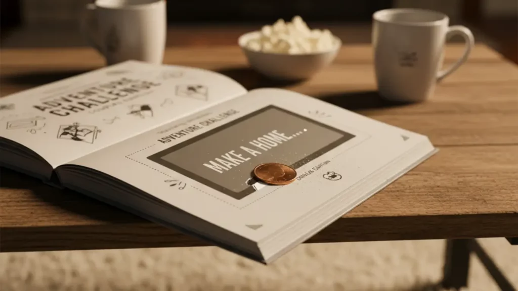 'The Adventure Challenge: Couples Edition' book shown open on a cozy coffee table, with a scratch-off adventure partially revealed, symbolizing an interactive 1st year paper anniversary gift.