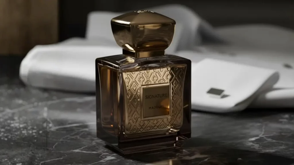 A luxurious bottle of signature cologne shown with its cap off, resting on a dark, reflective surface, symbolizing a classic and romantic anniversary gift.