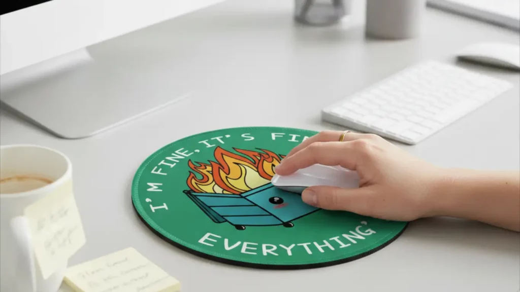 A computer mouse resting on a "Dumpster on Fire" mouse pad on a modern office desk, with a hand operating the mouse, highlighting a humorous and relatable gift for a work bestie.