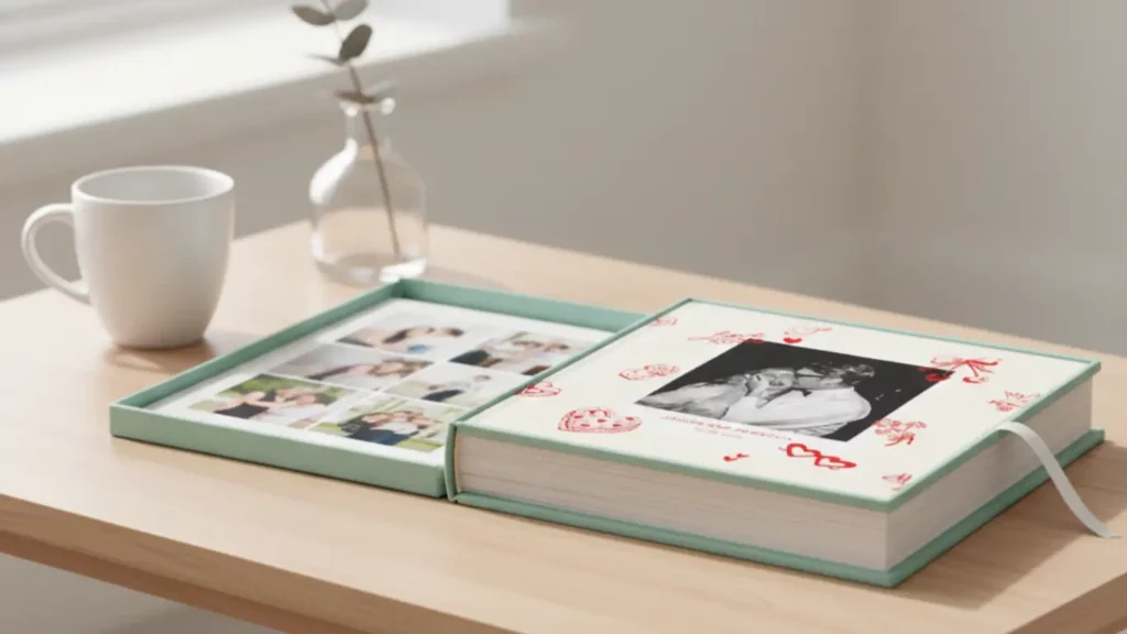 A 'Me & You' hardcover photo book by Papier, shown slightly open on an elegant coffee table to display its high-quality paper, symbolizing a premium sentimental anniversary gift.
