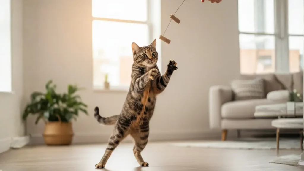 A cat energetically plays with The Original Cat Dancer, guided by a human hand, illustrating how this simple gadget helps release pent-up energy and reduce pet anxiety.