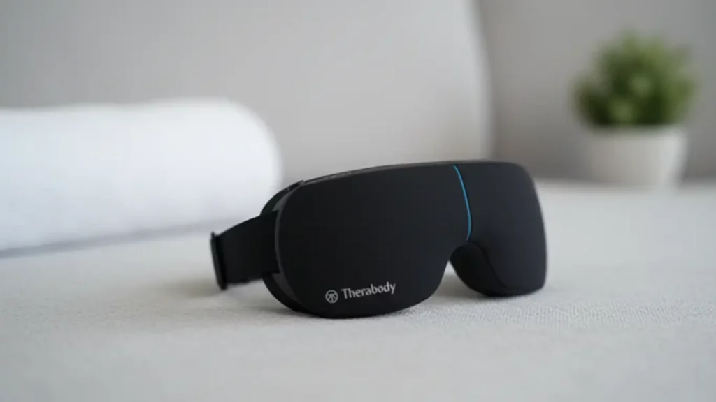 A pair of Therabody SmartGoggles resting on a soft, light-gray fabric, shown as a high-tech wellness gift for relaxation and relieving eye strain.