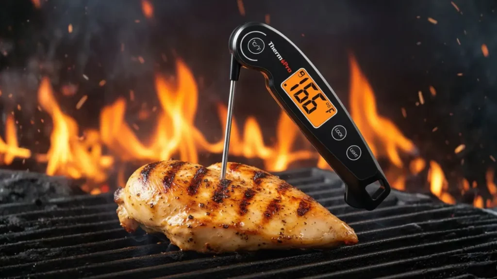 The ThermoPro TP03 digital meat thermometer, a practical housewarming gift for men, shown in use while grilling.