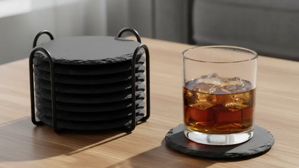 A set of Thsinde natural slate coasters protecting a new wooden coffee table, a practical gift for a new home.