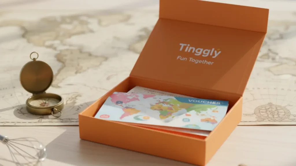 A Tinggly "Fun Together" experience gift box shown open on a desk with a world map, surrounded by items hinting at travel and adventure, as a unique anniversary gift.
