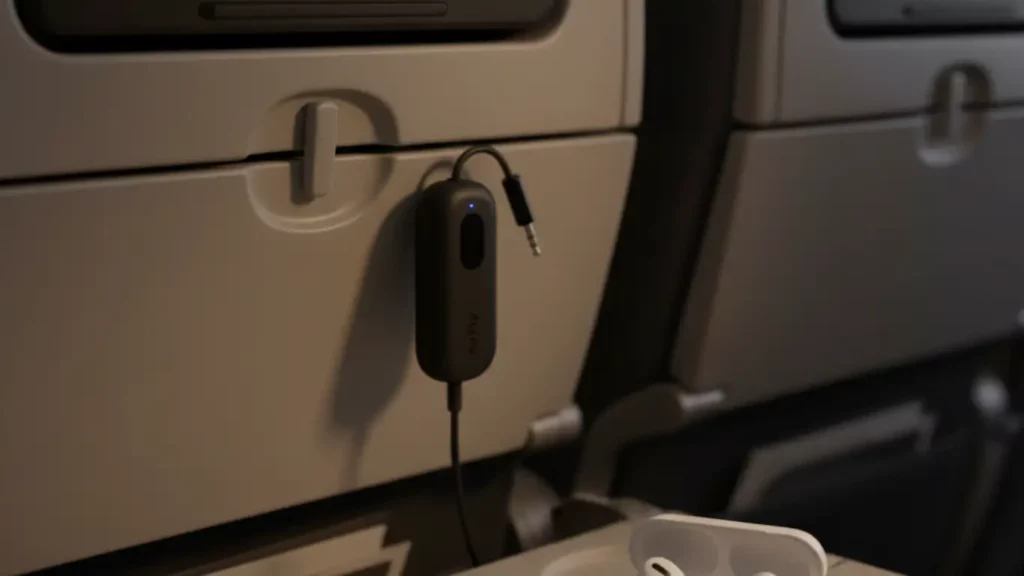 The Twelve South AirFly Pro wireless adapter, shown plugged into an airplane's headphone jack, allowing a pair of AirPods to connect to the in-flight entertainment system.