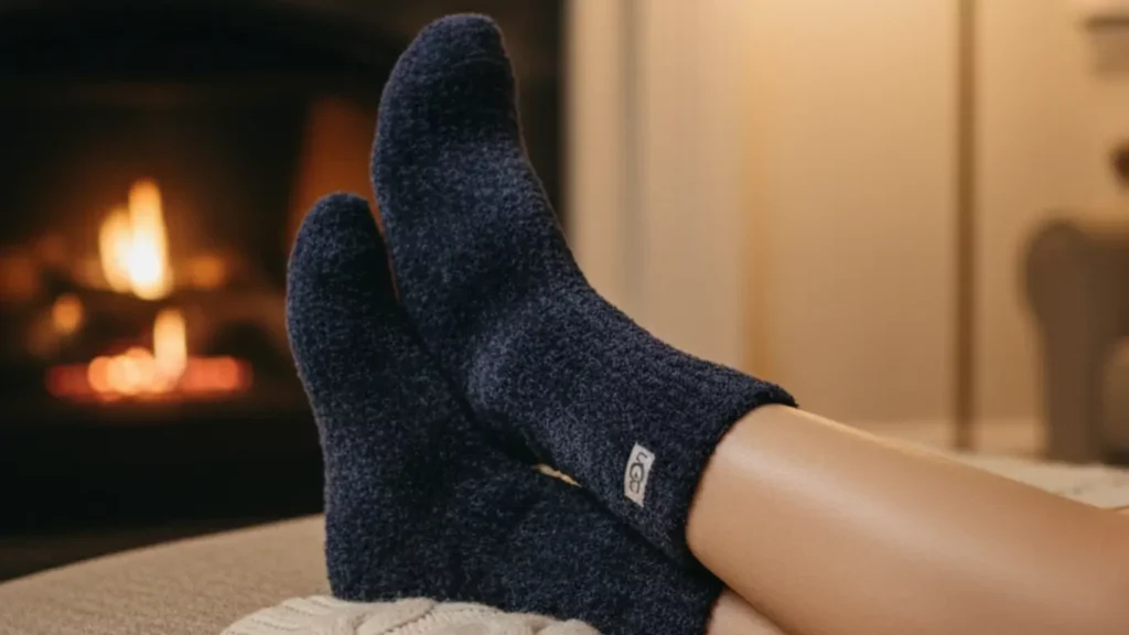 A person's feet wearing soft, fuzzy Ugg Leda Cozy Socks, resting comfortably on a knitted blanket in a warm living room, emphasizing relaxation and luxurious comfort as a best friend gift.