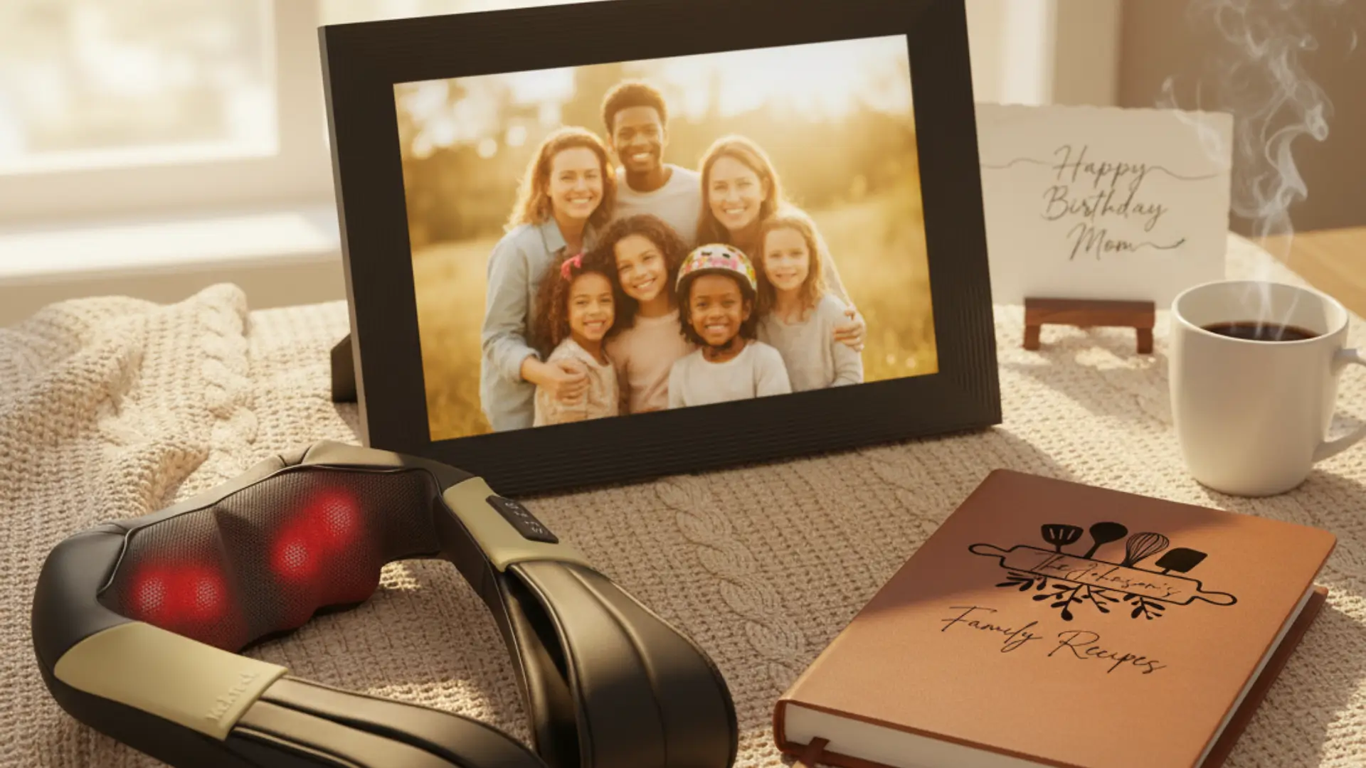 A curated flat lay of unique birthday gifts for mom, including an Aura digital frame, a personalized recipe book, and a neck massager, arranged on a cozy table.