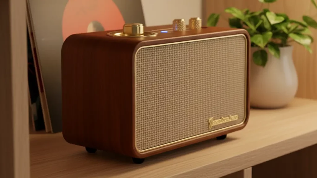 A vintage-inspired Bluetooth speaker, shown sitting on a stylish wooden bookshelf next to a stack of vinyl records, as a cool tech and decor anniversary gift.
