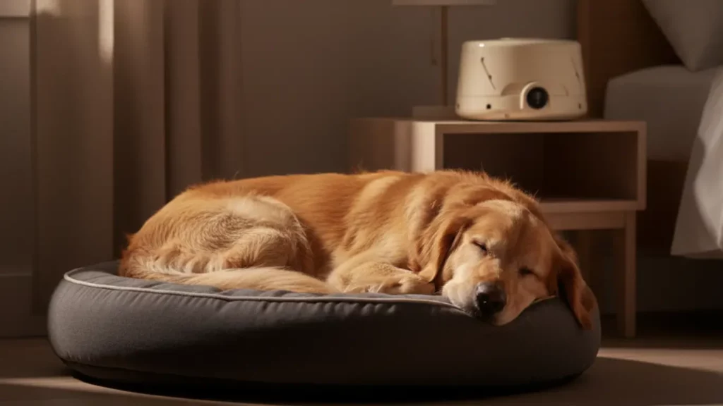 A dog sleeps peacefully next to a Yogasleep Dohm Classic White Noise Machine, showcasing this pet anxiety gadget's ability to mask disturbing sounds.