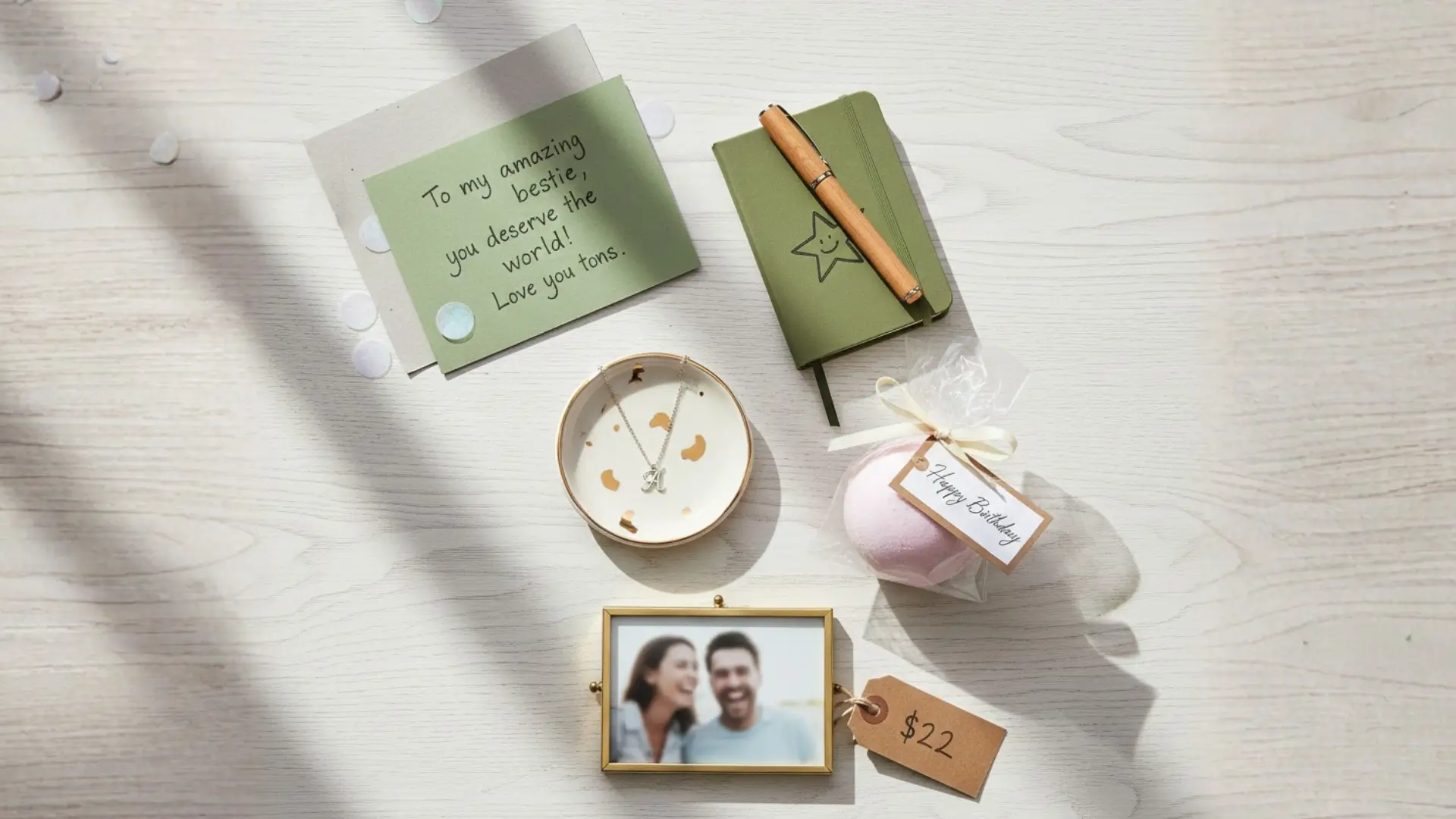 A vibrant flat lay of creative best friend birthday gifts under $25, featuring a mix of thoughtful items like a small jewelry box, a quirky desk accessory, and a craft kit, all styled with warm, natural lighting.