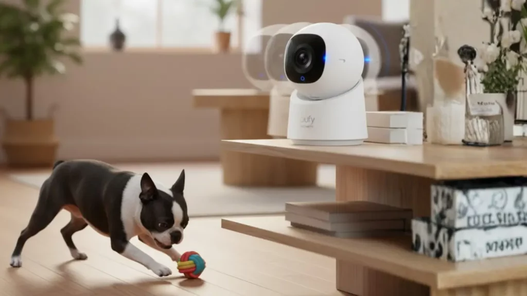 The white eufy Pet Camera E220 with Pan & Tilt functionality sits on a modern wooden table, monitoring a small pug dog playing with a toy in a sunlit living room, demonstrating its AI tracking feature.