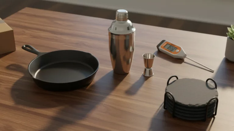 A curated flat lay of practical housewarming gifts for men under $50, including a cast iron skillet, cocktail shaker, and coasters, on a wooden table.