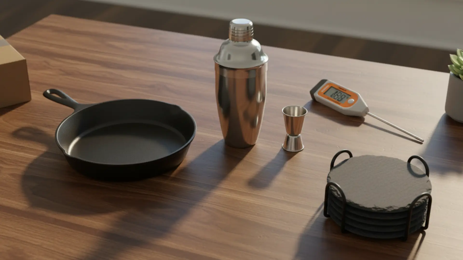 A curated flat lay of practical housewarming gifts for men under $50, including a cast iron skillet, cocktail shaker, and coasters, on a wooden table.