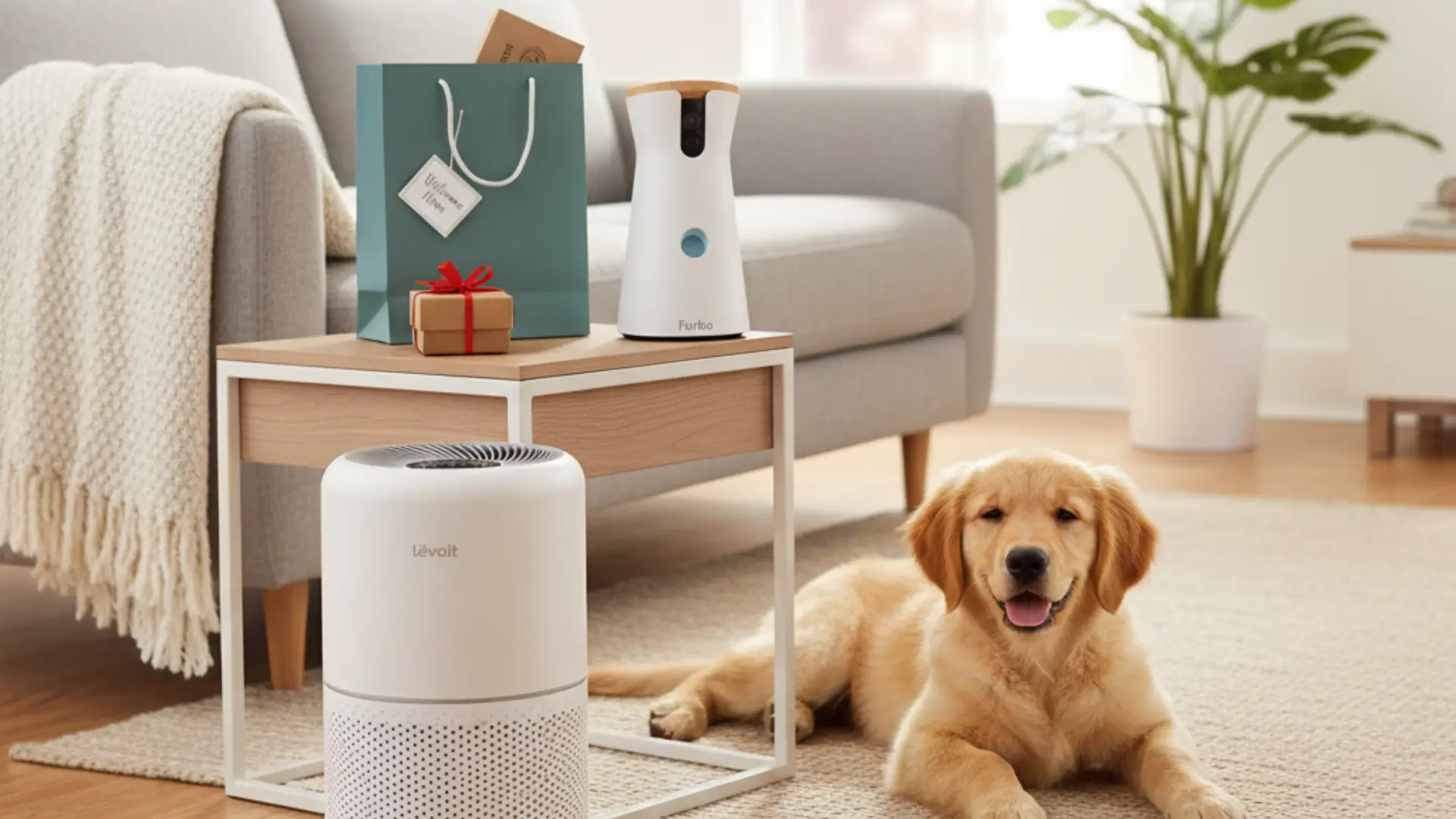 A modern apartment living room showing pet gadgets for their new apartment, including a Furbo camera and LEVOIT air purifier, styled as a housewarming gift next to a happy dog on a rug.