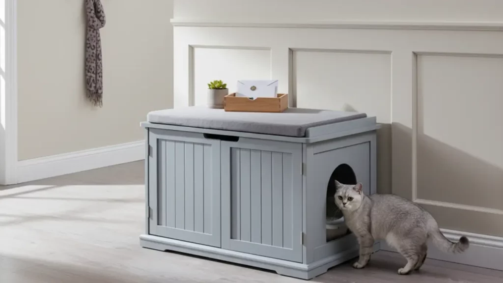 The unipaws Cat Litter Box Enclosure Bench, a stylish white wooden bench with a comfortable cushion, elegantly placed in a modern entryway. A content cat is seen entering the discreet side opening, showcasing its dual functionality as both a hidden litter box and practical home furniture.