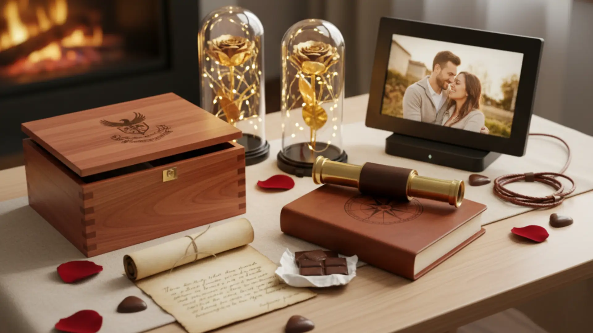 A curated flat lay of unique anniversary gift ideas for him, featuring a wooden watch, wireless earbuds, a framed picture, and a bottle of cologne on a cozy blanket.